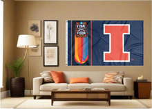 Load image into Gallery viewer, indoor display of illinois men's basketball flag with 2026 march madness final four logo for man cave decor