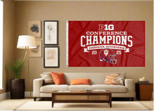 Load image into Gallery viewer, indoor display of indiana football flag with big ten conference champions 2025 logo as part of man cave decor