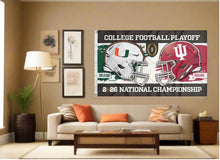 Load image into Gallery viewer, indoor display of indiana vs miami college football player 2026 national championship flag as part of tailgate decor