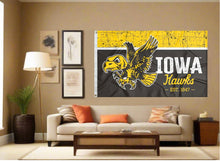 Load image into Gallery viewer, indoor display of iowa hawkeyes vintage 3x5 flag for man cave decor