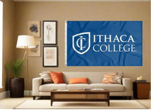 Load image into Gallery viewer, indoor display of blue ithaca college 3x5 flag for man cave decor