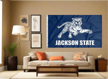 Load image into Gallery viewer, indoor display of blue jackson state tigers flag for man cave decor