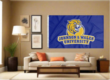 Load image into Gallery viewer, indoor display of blue johnson wales university wildcats flag for man cave decor