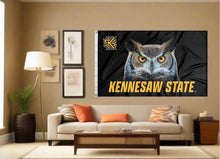 Load image into Gallery viewer, indoor display of kennesaw state flag with realistic owl logo for man cave decor