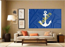 Load image into Gallery viewer, indoor display of blue lake superior state university lakers flag for man cave decor