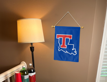 Load image into Gallery viewer, blue louisiana tech university garden flag hung inside a college dorm for decor