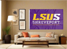 Load image into Gallery viewer, indoor display of lsu shreveport flag for man cave decor