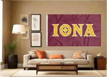 Load image into Gallery viewer, indoor display of maroon iona college gaels flag for man cave decor