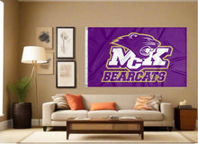 Load image into Gallery viewer, indoor display of purple mckendree bearcats flag for man cave decor
