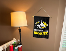 Load image into Gallery viewer, black michigan tech huskies garden flag hung for college dorm decor
