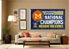 Load image into Gallery viewer, indoor display of michigan wolverines basketball 2026 national champions 3x5 flag as part of man cave decor