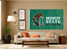 Load image into Gallery viewer, indoor display of minot state university beavers flag for man cave decor