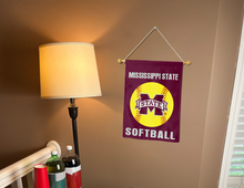 Load image into Gallery viewer, mississippi state softball garden flag hung inside a college dorm for dorm decor