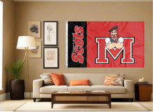 Load image into Gallery viewer, indoor display of monmouth college flag with fighting scots logo for man cave decor