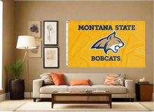 Load image into Gallery viewer, indoor display of gold montana state university bobcats flag for man cave decor