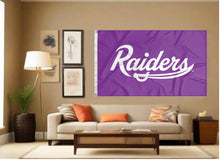 Load image into Gallery viewer, indoor display of mount union purple raiders flag for man cave decor