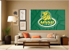 Load image into Gallery viewer, indoor display of mssu lions flag for fan cave decor