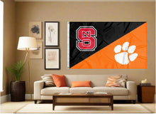 Load image into Gallery viewer, indoor display of nc state clemson university house divided flag for man cave decor