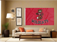 Load image into Gallery viewer, indoor display of ndscs wildcats flag for fan cave decor