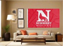 Load image into Gallery viewer, indoor display of red newberry college wolves flag for man cave decor