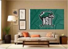 Load image into Gallery viewer, indoor display of green northeastern state university flag with nsu riverhawks logo for man cave decor