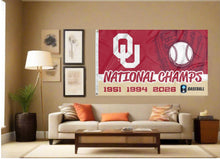 Load image into Gallery viewer, indoor display of oklahoma three time college world series champions baseball flag for man cave decor