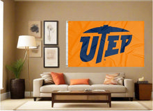 Load image into Gallery viewer, indoor display of orange utep miners flag for man cave decor