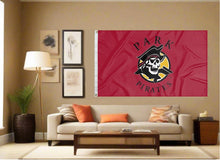 Load image into Gallery viewer, indoor display of red park university pirates flag for man cave decor