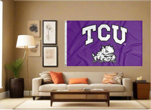 Load image into Gallery viewer, indoor display of purple tcu horned frogs flag for man cave decor