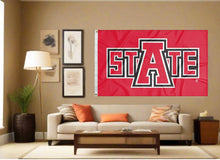 Load image into Gallery viewer, indoor display of red arkansas state university flag for man cave decor