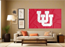 Load image into Gallery viewer, indoor display of red university of utah flag with interlock uu logo for man cave decor