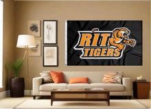 Load image into Gallery viewer, indoor display of black rochester institute of technology flag with rit tigers logo for man cave decor
