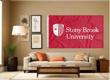 Load image into Gallery viewer, indoor display of red stony brook university flag for man cave decor