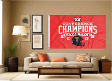 Load image into Gallery viewer, texas tech 3x5 flag with big 12 conferecne champions logo hung inside well lit living room