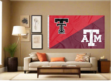 Load image into Gallery viewer, indoor display of texas tech texas A&M house divided flag for man cave decor