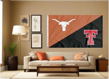 Load image into Gallery viewer, indoor display of texas texas tech house divided flag for man cave decor