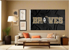 Load image into Gallery viewer, indoor display of black unc pembroke braves flag for man cave decor