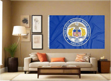 Load image into Gallery viewer, indoor display of blue united states merchant marine academy flag with seal logo for man cave decor