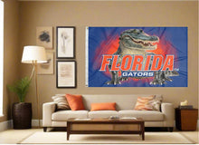 Load image into Gallery viewer, indoor display of university of florida flag with realistic gator logo for man cave decor
