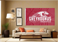 Load image into Gallery viewer, indoor display of red university of indianapolis greyhounds flag for man cave decor