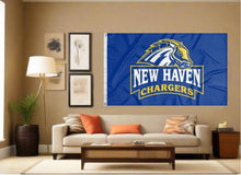 Load image into Gallery viewer, indoor display of blue university of new haven chargers flag for man cave decor