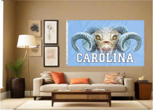 Load image into Gallery viewer, indoor display of university of north carolina flag with realistic ram logo for man cave decor