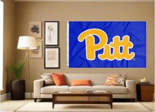 Load image into Gallery viewer, indoor display of blue university of pittsburgh flag with pitt logo for man cave decor