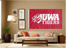 Load image into Gallery viewer, indoor display of red university of west alabama tigers flag with uwa logo for man cave decor