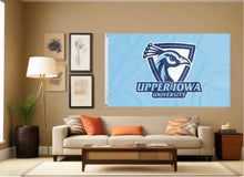 Load image into Gallery viewer, indoor display of blue upper iowa university flag for man cave decor