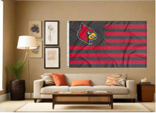 Load image into Gallery viewer, indoor display of usa flag style louisville cardinals flag for man cave decor