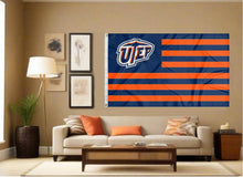 Load image into Gallery viewer, indoor display of usa flag style utep miners flag for man cave decor