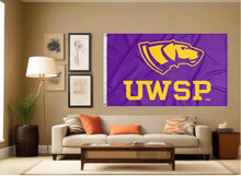 Load image into Gallery viewer, indoor display of purple uwsp pointers flag for man cave decor