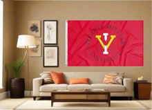 Load image into Gallery viewer, indoor display of red virginia military institute flag for man cave decor