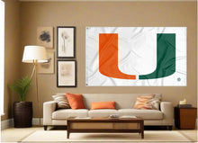 Load image into Gallery viewer, indoor display of white university of miami flag as part of man cave decor